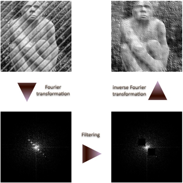 a diagram showing how converting most images to kspace results in an almost bright light like image where there is a very bright centre with most of the outside being dark. Shows how you can pick out certain frequencies in this space though and how they correspond back to the main image